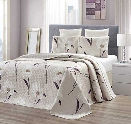 GrandLinen 3-Piece Fine Printed Oversize (100" X 95") Quilt Set Reversible Bedspread Coverlet Queen Size Bed Cover (Taupe, Brown, White Tulip Floral) Grand Linen