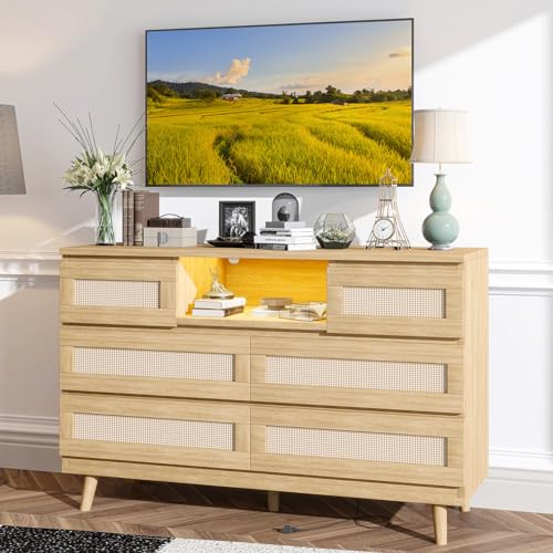 GarveeHome Natural Rattan Dresser for Bedroom with LED Light and Charging Station, 6 Drawer Double Dressers, Modern Wooden Dresser Chest, Beside Table for Closet, Nursery, Living Room, Natura - WoodArtSupply