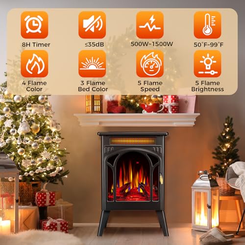 Electric Fireplace Stove, 1500W, Fast Heating, X Infrared Fireplace Heater with Remote Control, 8H Timer, Freestanding Stove with Adjustable 3D Flame Overheat Protection, Indoor Fireplace Electactic
