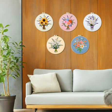 ACRNIGHEET 5PCS Embroidery Kit for Beginners Embroidery Flower Sewing Pre Printed Pattern Embroidery Starter Kit with Instructions, Including 5 Stamped Embroidery Cloth and Various Accessories ACRNIGHEET