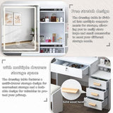 MONGMON Vanity Desk with Mirror and Lights, 3 Lighting Modes, European Style Dressing Table with Drawers, with Open Storage Shelves,Makeup Vanity Table for Bedroom,Gifts for Girls and Women, White MONGMON