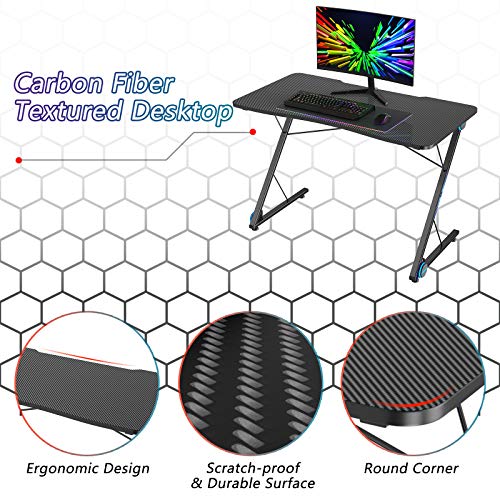 Tangkula Gaming Computer Desk, Z-Shaped Home Office Computer Table with LED Lights & Large Carbon Fiber Surface, Ergonomic Gamer Workstation, Writing Desk for Home Office Tangkula