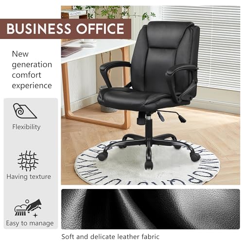 PayLessHere PU Leather Task Chair Home Office Chair Ergonomic Desk Chair with Lumbar Support and Armrests Adjustable Features with Mid Back Swivel Executive Computer Chair (Black) PayLessHere