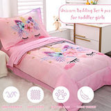 KINBEDY Toddler Bedding Set 4 Piece Pink Unicorn Crib Bedding Set for Girls Soft Cute Floral Toddler Bed Sheets Comforter Set Baby Bedroom Set, Include Comforter, Flat Sheet, Fitted Sheet, Pillowcase KINBEDY