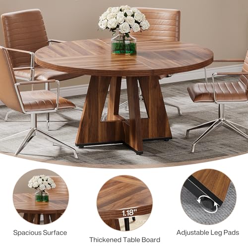 Tribesigns 47-Inch Round Conference Table for 4-6 People, Wooden Meeting Room Table with Thicken Tabletop and Wood Base, Modern Meeting Training Desk for Conference Room Seminar Room (Walnut) - WoodArtSupply