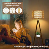 LAMSU Boho Tripod Floor Lamp with Shelves, Mid Century Wood Standing Lamp with Rattan & Fabric Shades, ON/Off Foot Switch, Modern Farmhouse Tall Floor Lamps for Living Room Bedroom Office LAMSU