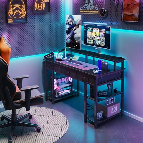 Lufeiya Gaming Desk with Led Lights and Power Outlets, 47 Inch Home Office Desk with Monitor Stand & Shelves, Writing Study Computer Desks with Fabric Drawers for Bedroom, Black Lufeiya