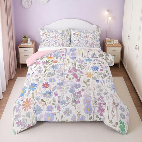 Erosebridal Cute Blue Floral Twin Comforter Set for Kids Girls Boys,Colorful Boho Flowers Bedding Set Rustic Country Home Decor,Watercolor Flower Quilt Bed Set Wildflower Bed Comforter Set 2Pcs Erosebridal