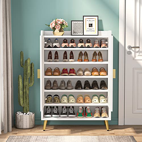 Tribesigns Shoe Cabinet with Doors, 6-Tier Shoe Storage Cabinet with Adjustable Shelves, Wooden Shoes Rack Shoe Storage Organizer for Entryway, Hallway, Closet, Living Room, White & Gold - WoodArtSupply