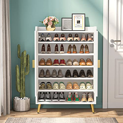 Tribesigns Shoe Cabinet with Doors, 6-Tier Shoe Storage Cabinet with Adjustable Shelves, Wooden Shoes Rack Shoe Storage Organizer for Entryway, Hallway, Closet, Living Room, White & Gold - WoodArtSupply