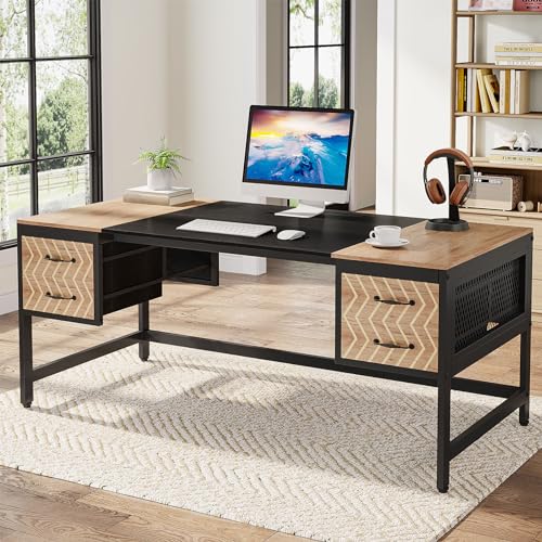 Tribesigns Computer Executive Desk with Drawers: 63" Computer Desk with 4 Storage Drawers, Wood Farmhouse Study Writing Table, Herringbone Business Furniture for Home Office - WoodArtSupply