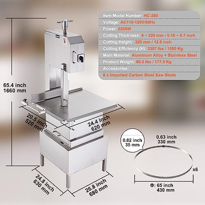 VEVOR Commercial Electric Meat Bandsaw, 2200W Stainless Steel Vertical Bone Sawing Machine, Workbeach 24.4" x 20.5", 0.16-8.7 Inch Cutting Thickness, Frozen Meat Cutter with 6 Blades for Rib  - WoodArtSupply