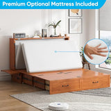 Mjkone Murphy Bed Queen Size, Cabinet Beds with Mattress, Adult Guest Bed with 2 Large Drawer and USB Port & Bedside Panel, Multifunctional Murphy Cabinet Beds for Bedroom/Living Room - Cherry Mjkone