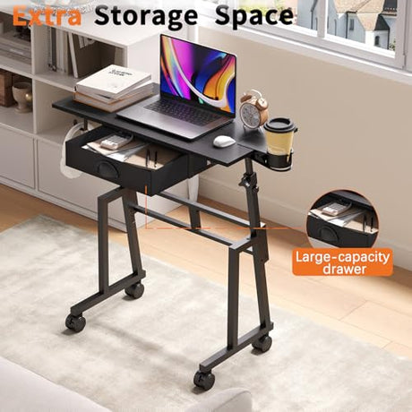 Adjustable Height Standing Desk with Drawer, Rolling Sit to Stand Up Desk with Wheels Height 31.5"-43.3" Small Mobile Laptop Standing Desk for Treadmill Walking Pad, Movable Classroom Podium (Black) Honkazita