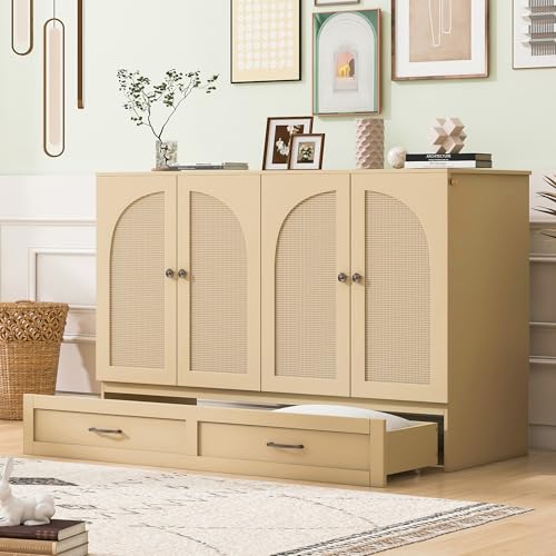 P PURLOVE Full Murphy Bed with Large Drawers, Wood Cabinet Bed with USB Port, No Box Spring Needed, Easy Assembly (Gold) P PURLOVE