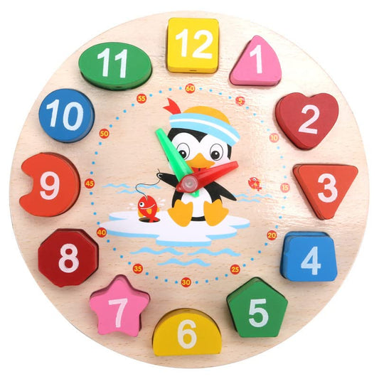 ZRCCOX Wooden Shape Color Sorting Clock, Learning Time Activity Set, Montessori Toys for 2 3 4 Year Old, Number Blocks Puzzle, Penguin Patterns Wood Toys Learning Educational Gift for Toddler - WoodArtSupply