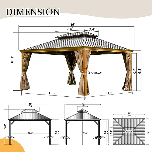 12’ x 16’ Hardtop Gazebo Outdoor Aluminum Wood Grain Gazebos with Galvanized Steel Double Canopy for Patios Deck Backyard,Curtains&Netting by domi outdoor living - WoodArtSupply