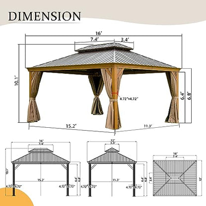 12’ x 16’ Hardtop Gazebo Outdoor Aluminum Wood Grain Gazebos with Galvanized Steel Double Canopy for Patios Deck Backyard,Curtains&Netting by domi outdoor living - WoodArtSupply