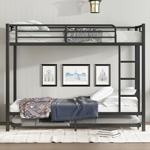 Harper & Bright Designs Twin XL Over Twin XL Metal Bunk Bed with Twin Size Trundle for Adults,Heavy Duty Twin XL Metal Bunk Bed Frame with Ladder and Guardlails,Black Harper & Bright Designs