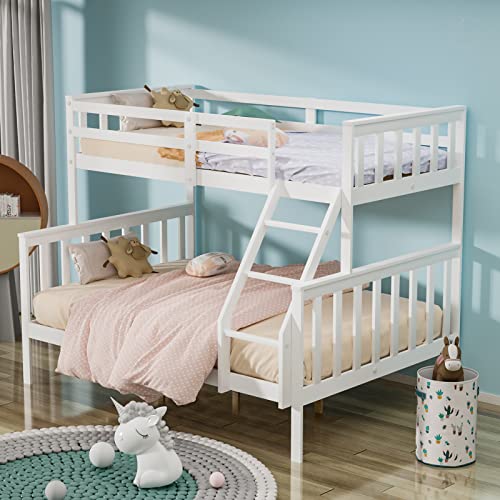 JOYMOR Convertible Twin Over Full Bunk Bed Frame – Space-Saving Solid Wood Design with Ladder and Guard Rail for Kids and Teens - WoodArtSupply