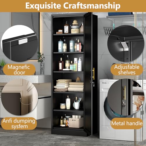 Lusiwry Tall Narrow Slim Metal Storage Cabinet with Lock and 5 Adjustable Shelves,Steel File Cabinets,Kitchen Pantry Cabinet Locker Organizer - 67" Storage Cabinets for Bathroom,Bedroom,Office,Black Lusiwry