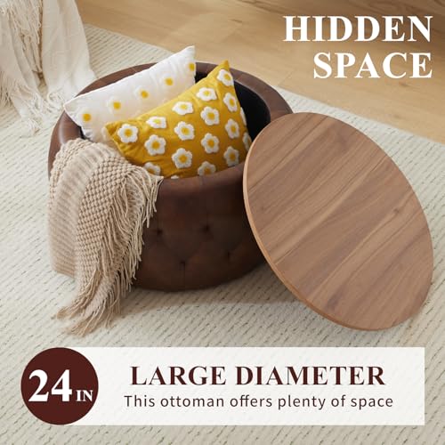 gusohey Round Storage Ottoman with Wooden Lid, Tufted PU Leather Circle Ottoman Footrest Stool Bench Coffee Table for Living Room,Brown gusohey
