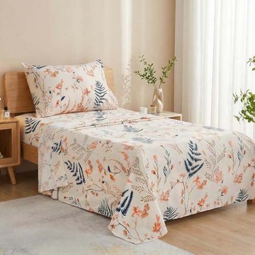 JSD Boho Floral Printed Sheet Set Twin Size 3 Piece, Soft Botanical Pattern Microfiber Sheets Extra Deep Pocket JSD