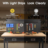 48" Adjustable Work Bench with Drawers, Workbench for Garage with Strip Light, Work Table with Large Pegboard, 2000 LBS Heavy Duty Table with Power Outlet Rubber Wood for Office, Workshop FIXCHIGO