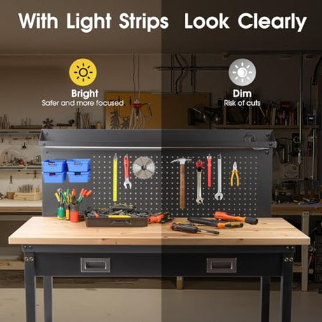 48" Adjustable Work Bench with Drawers, Workbench for Garage with Strip Light, Work Table with Large Pegboard, 2000 LBS Heavy Duty Table with Power Outlet Rubber Wood for Office, Workshop FIXCHIGO