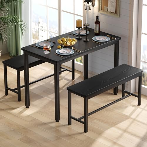 Tatub Dining Table Set for 4, 3-Piece Kitchen Table with 2 Benches, Space-Saving Dining Room Set for Breakfast Nook and Small Spaces, Black Tatub