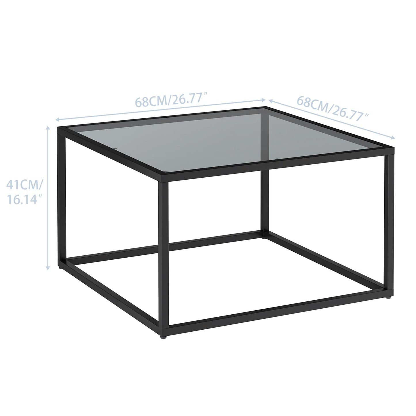 YMYNY Glass Coffee Table, Tempered Glass Square Coffee Tables with Metal Frame, Unique Modern Table for Living Room Home Office 26.77" x 26.77" x 15.75", Black Grey, UHCT001H