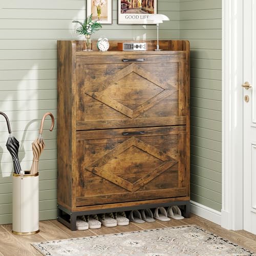 GRUSIGN Shoe Cabinet, Shoe Storage Cabinet with 2 Flip Drawers & Adjustable Shelf, Space-Saving Shoe Organizer – Holds 12+ Pairs, Narrow Shoe Cabinet Storage for Entryway/Hallway（Brown） GRUSIGN
