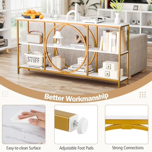 Giantex Narrow Long Console Table, 3-Tier Entryway Table with Faux Marble Top & Heavy-Duty Metal Frame, Mid-Century Accent Sofa Tables with Open Storage Shelves for Living Room, Hallway(White+Gold) Giantex