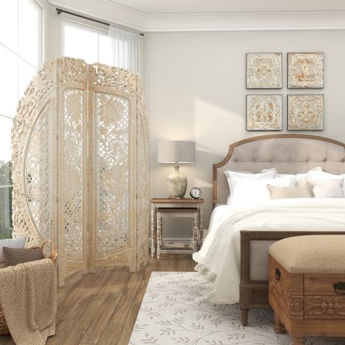 Deco 79 Wood Floral Handmade Foldable Arched Partition 4 Panel Privacy Screen with Intricately Carved Designs, Room Divider 60" x 2" x 72", White Deco 79