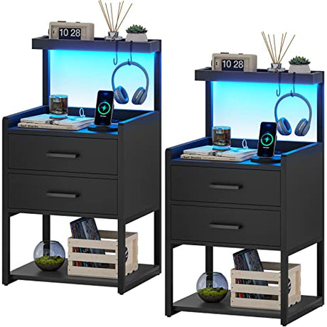 AOGLLATI LED Nightstand Set of 2 with Charging Station, 2 Drawers Night Stand with LED Lights for Bedroom, 2 USB Ports, 2 Power Outlets, Bed Side Table with Storage Shelves AOGLLATI