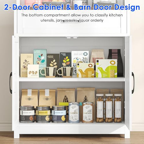 kepptory 69" Tall Farmhouse Kitchen Pantry Cabinet, Kitchen Hutch Bar Cabinet with Drawers&Cup Holder, Large Wooden Storage Cabinets with Barn Doors&Microwave Stand, Cupboard for Dining Room(White) kepptory