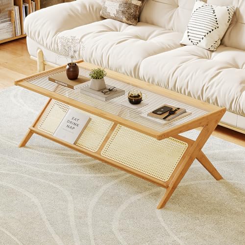 Bamworld Rattan Coffee Table Mid-Century Modern Coffee Table BambooTable with Glass Top for Living Room Office - WoodArtSupply