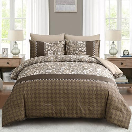 WONGS BEDDING Brown Comforter Set Queen, 7 Pieces Bed in a Bag Floral Patchwork Soft Microfiber Queen Sheet Set with Comforter, Flat Sheet, Fitted Sheet, Pillow Shams,Pillowcases WONGS BEDDING