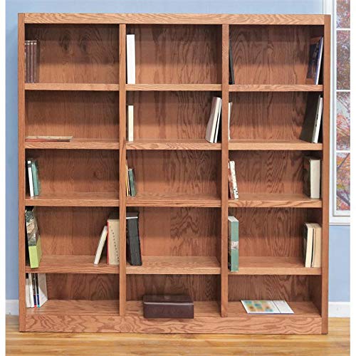 BOWERY HILL 72" Classic Triple Wide Wood Bookcase with 12 Adjustable and 3 Fixed Shelves in Dry Oak Finish - WoodArtSupply