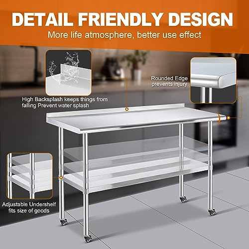 Sapodilla NSF Stainless Steel Worktables with Wheels, 60×24 Inches Commercial Heavy Duty Tables with Backplash and Adjustable Undershelf for Kitchen, Restaurant, Hotel and Garage… - WoodArtSupply