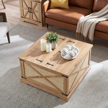 Barnyatoh Farmhouse Square Coffee Table with Storage, Boho Rattan Wood Center Table with Hinged Lift Top, Rustic Cocktail Table with Large Hidden Storage Compartment for Living Room, Bedroom