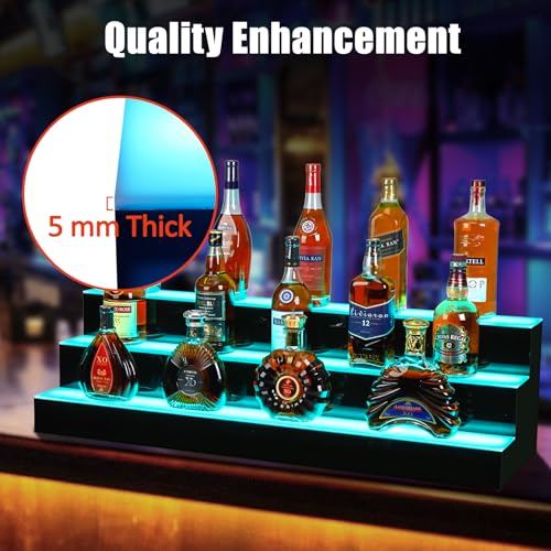 Takywep LED Lighted Liquor Bottle Display Shelf, 3-Step 30-Inch Wall Mounted Lighted Liquor Bottle Shelf with Remote & App Control, Acrylic Lighted Bottle Display Stand for Home Commercial Ba - WoodArtSupply