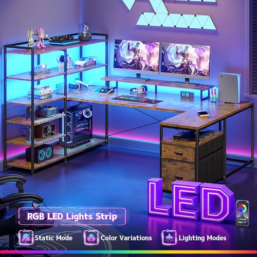 DurayLoly L Shaped Desk with Monitor Stand, 63'' Reversible U Shaped Office Desk with 6 Tire Storage Shelves & 2 Fabric Drawers, Gaming Desk with Power Outlet & LED Strip, Rustic Brown DurayLoly