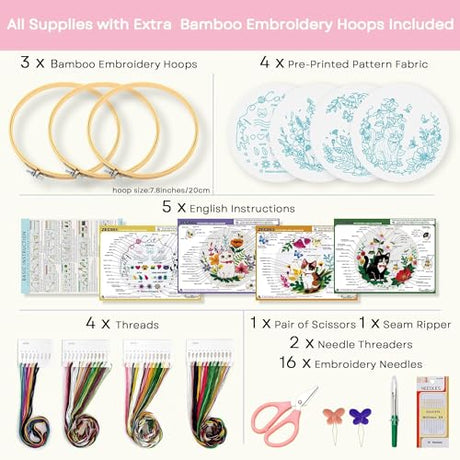 Embroidery Kit for Beginners, 4 Sets Cat Embroidery Kits, Needle Point Kits for Adults Beginner, with Full Package Embroidery Supplies, Detailed Easy-to-Follow Instructions, Gift for DIY Lovers ZWZRAFT