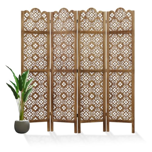 68.9Inch Folding Room Divider, 4 Panels Wood Carved Privacy Screens - Ideal Decorative Partition for Home, Office, Restaurant, Bedroom (Dark Brown) Svimi