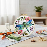 Dragonfly Floral Embroidery Kit for Adults - 11.81x11.81in Pre-Stamped Pattern Cross Stitch Kit with 7.87 Inch Bamboo Hoop, Floss, Needles - DIY Craft Kit for Home Decoration & Gift Giving