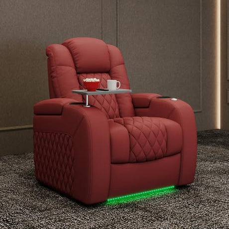 PBRO Home Theater Seating Genuine Leather Recliner Chair, Power Reclining & Headrest, USB A/C Charging Ports, Tray Table, Cup Holder Ambient Lighting Red Row of 1 PBRO