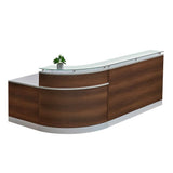 NBF L-Shaped Modern Reception Desk with Counter - 79" W x 63" D Retail Checkout Station - Curved Front Desk Reception Counter - Countertop Welcome Desk for Office Lobby Salon Store (Walnut) nbf signature series
