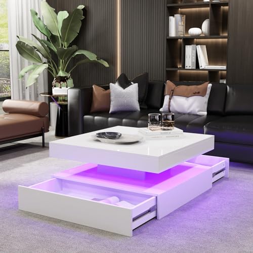 LED Square Coffee Table White with Storage Drawers, High Glossy Center Table Living Room, Mid-Century Cocktail Table, 16 Color & 4 Mode Lights, 2-Tier Middle Table Modern, 31"x31"x14.6" - WoodArtSupply