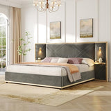 Merax King Bed Frame with 2 Built-in Led Lights and 2 Floating Storage Shelves, Luxury Velvet Upholstered Platform Bed Frame King Size with Wingback Headboard for Bedroom, No Box Spring Needed, Grey Merax